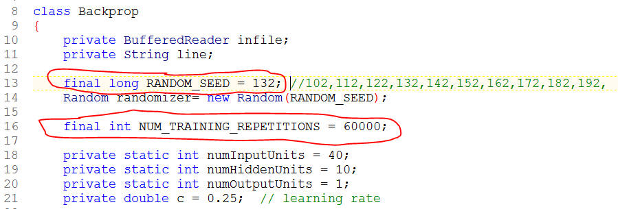Snapshot of Backprop.java showing where to change RANDOM_SEED value and #Repetitions.