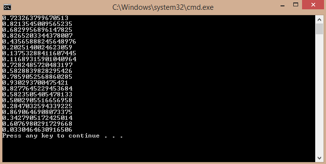 console output of random test.  10 random doubles.
