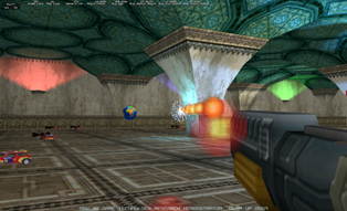 Screenshot from NMU GEARUP 2009 techdemo game, showing rocket launcher firing in  the Static Light Room.  Note that normally the player cannot remove weapons like the launcher from the Shooting Range room, but in GEARUP we modified the game! (slightly)